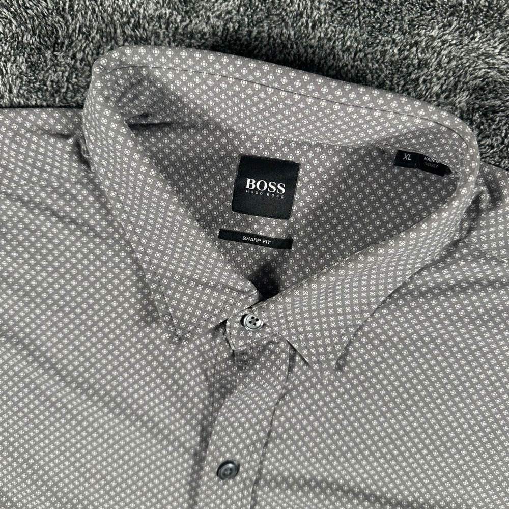 BOSS Shirt Mens XL Sharp Fit Gray Geometric Micro Print Long Slv 4-Way Stretch